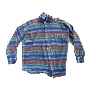 Laundromat Mens Large Striped Button Down Shirt Blue Brown Textured Cotton Blend